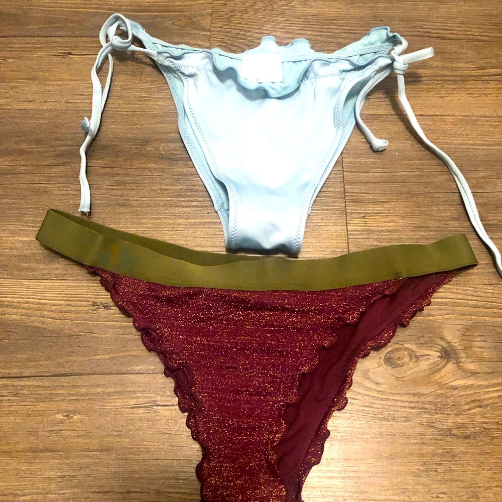 H & M Two Pieces  Bikini Set Blue String & Maroon Glitter Striped Badeau Size 2